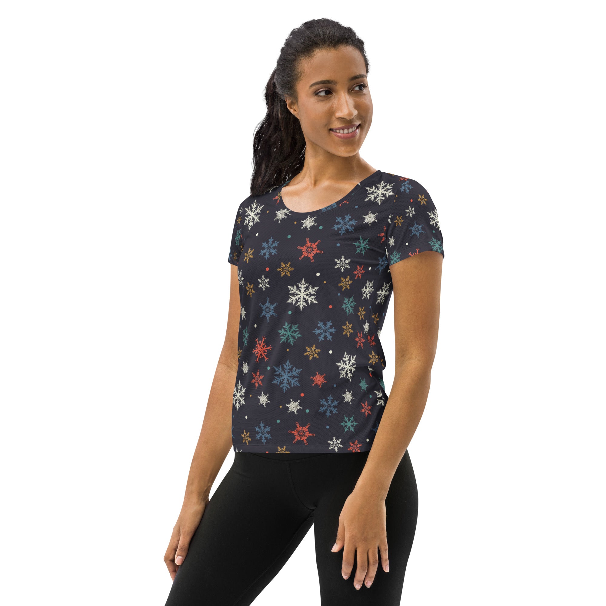 Women’s Colorful Snowflake Performance Athletic T-Shirt - Lightweight Moisture Wicking Workout Top with UPF 50+