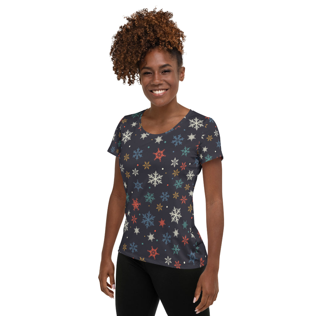 Women’s Colorful Snowflake Performance Athletic T-Shirt - Lightweight Moisture Wicking Workout Top with UPF 50+