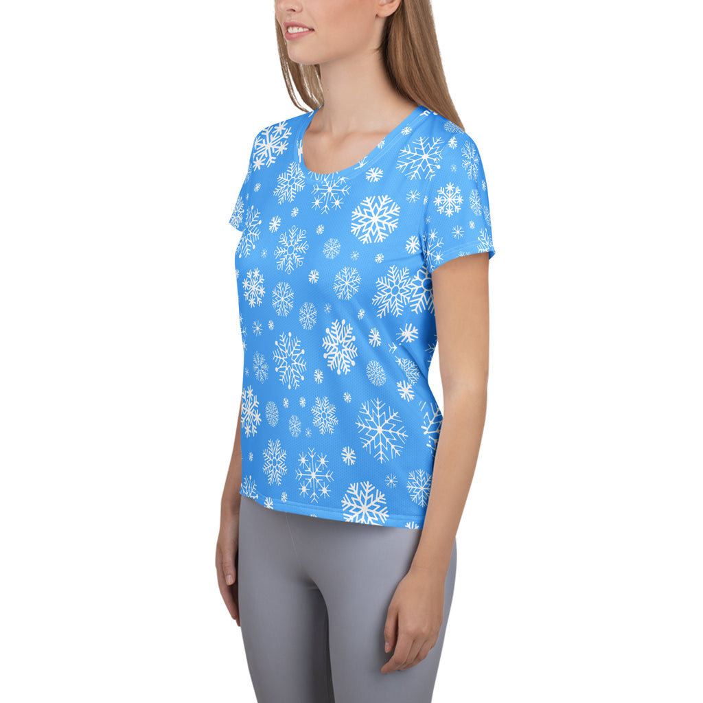 Women’s Blue Snowflake Performance Athletic T-Shirt - Lightweight Moisture Wicking Workout Top with UPF 50+