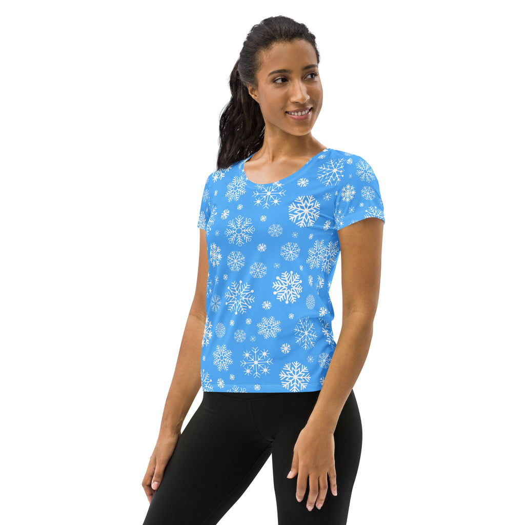Women’s Blue Snowflake Performance Athletic T-Shirt - Lightweight Moisture Wicking Workout Top with UPF 50+