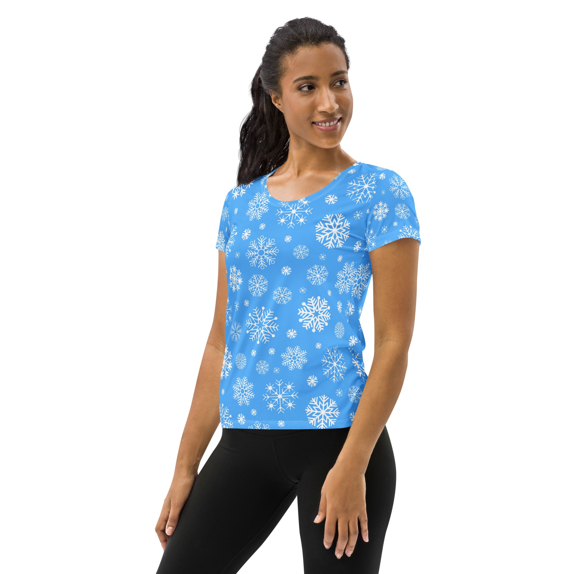 Women’s Blue Snowflake Performance Athletic T-Shirt - Lightweight Moisture Wicking Workout Top with UPF 50+