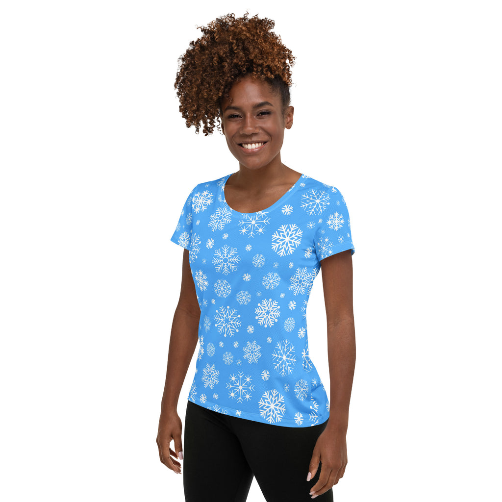 Women’s Blue Snowflake Performance Athletic T-Shirt - Lightweight Moisture Wicking Workout Top with UPF 50+