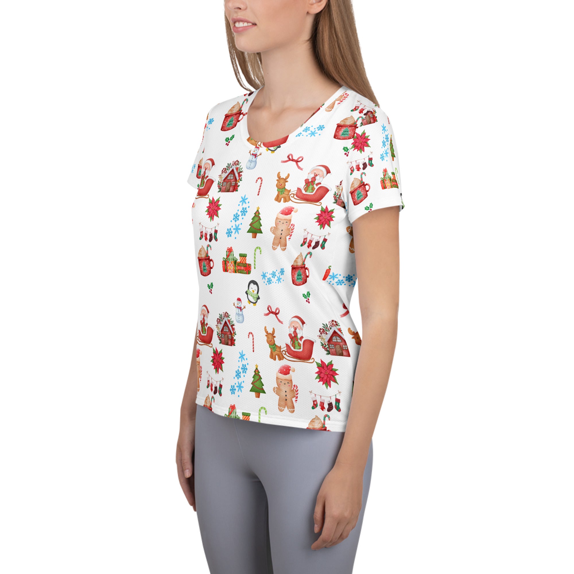 Women’s Christmas Themed Performance Athletic T-Shirt - Lightweight Moisture Wicking Workout Top with UPF 50+