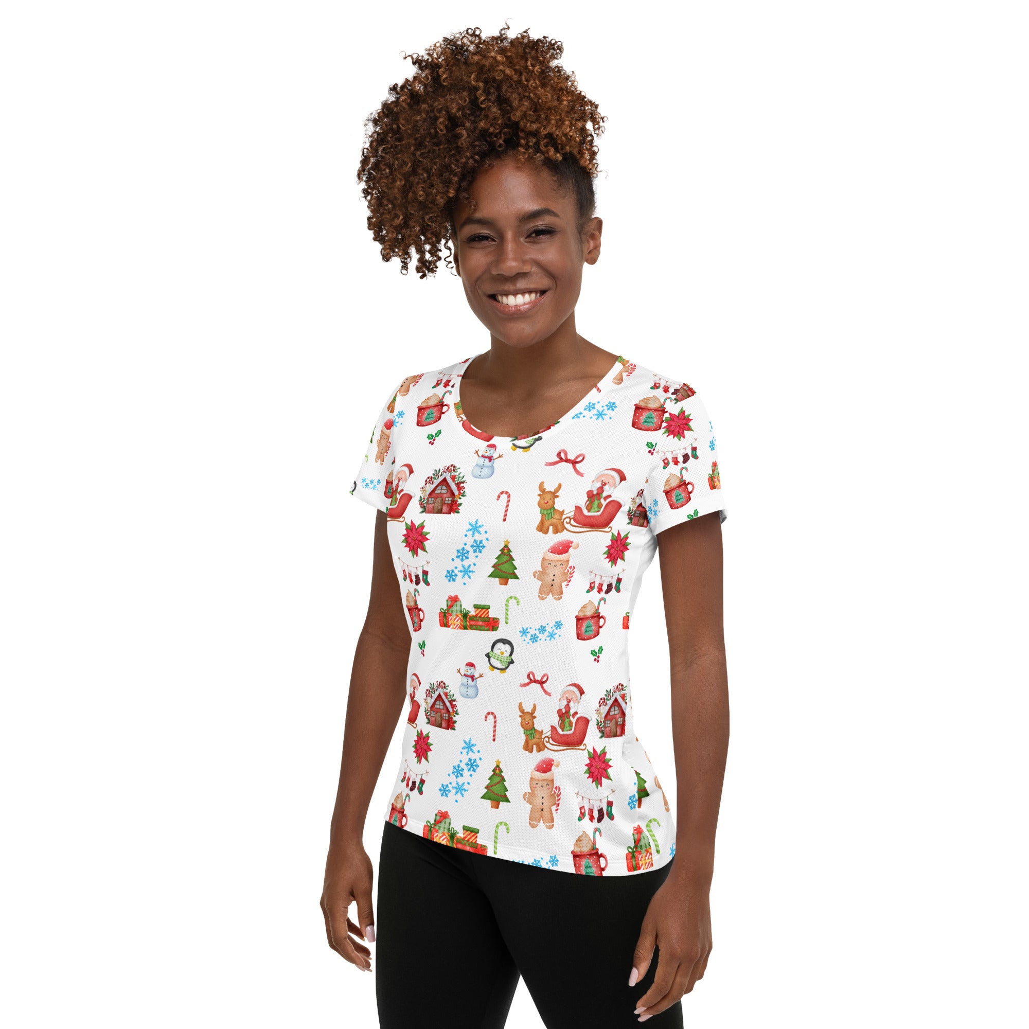 Women’s Christmas Themed Performance Athletic T-Shirt - Lightweight Moisture Wicking Workout Top with UPF 50+