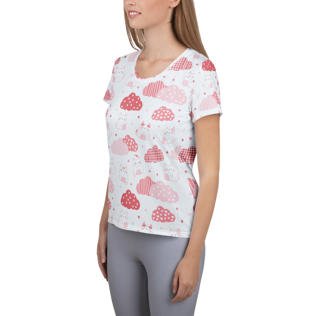 Women’s Kawaii Cats & Clouds Performance Athletic T-Shirt - Lightweight Moisture Wicking Workout Top with UPF 50+