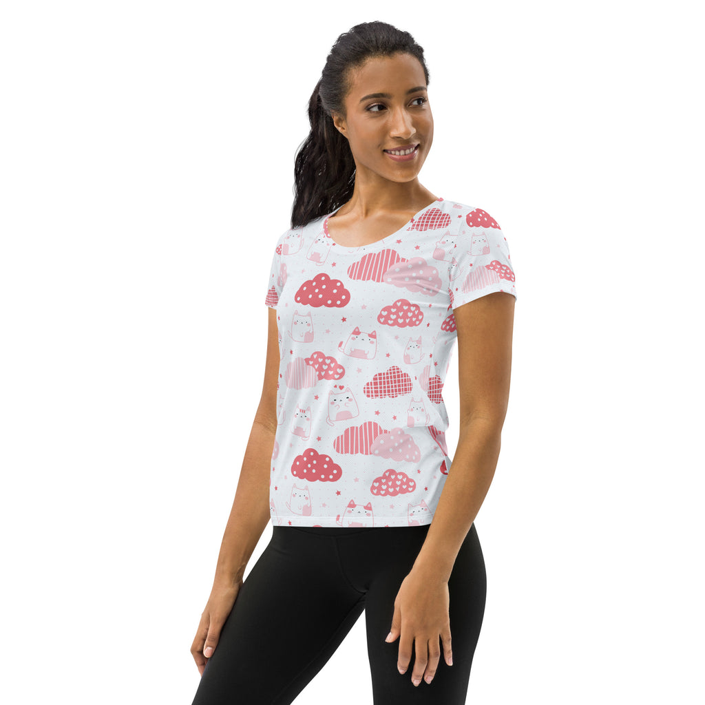 Women’s Kawaii Cats & Clouds Performance Athletic T-Shirt - Lightweight Moisture Wicking Workout Top with UPF 50+