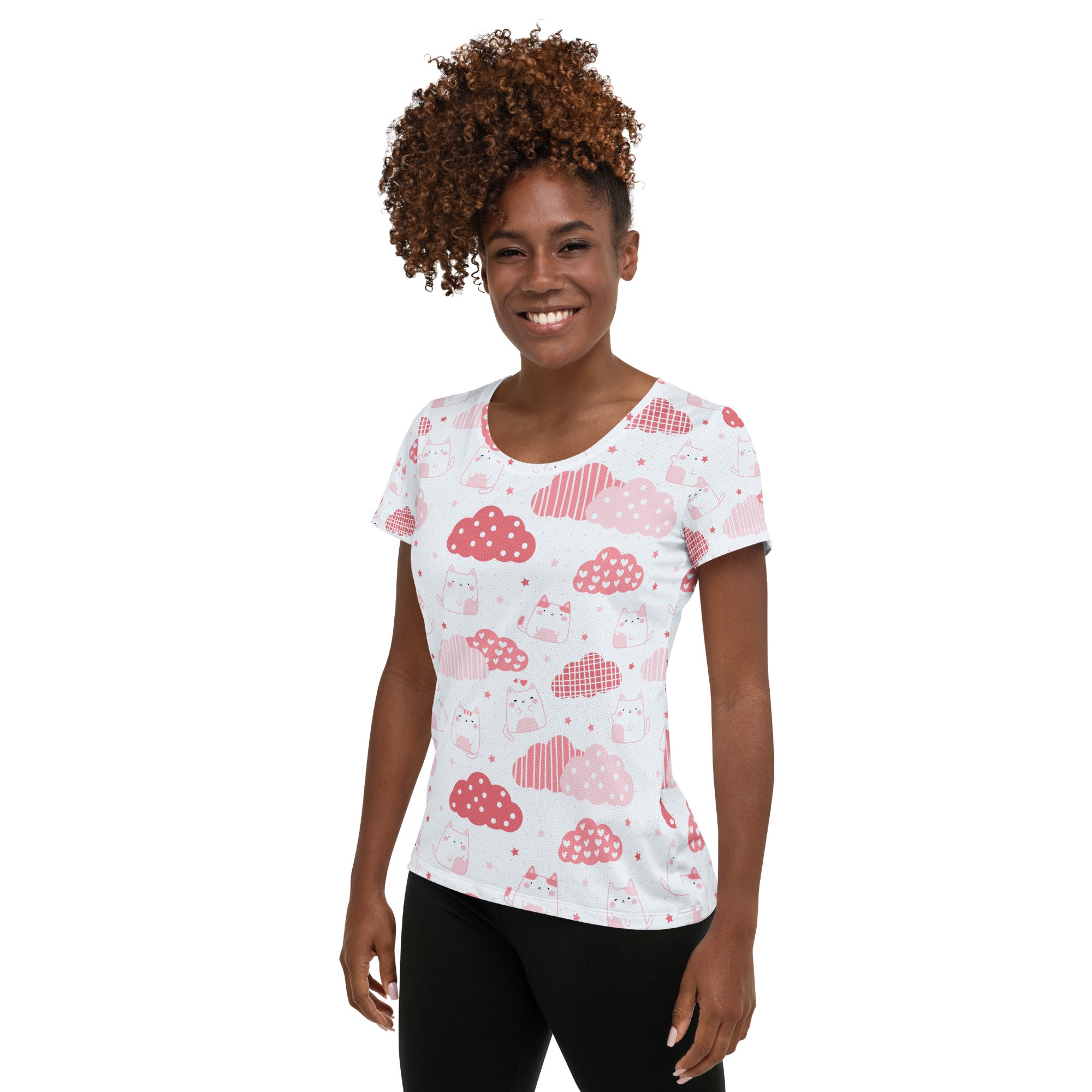 Women’s Kawaii Cats & Clouds Performance Athletic T-Shirt - Lightweight Moisture Wicking Workout Top with UPF 50+