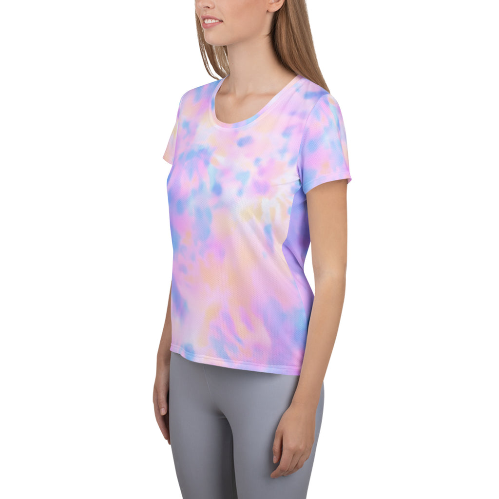 Women’s Pastel Watercolor Tie Dye Performance Athletic T-Shirt - Lightweight Moisture Wicking Workout Top with UPF 50+