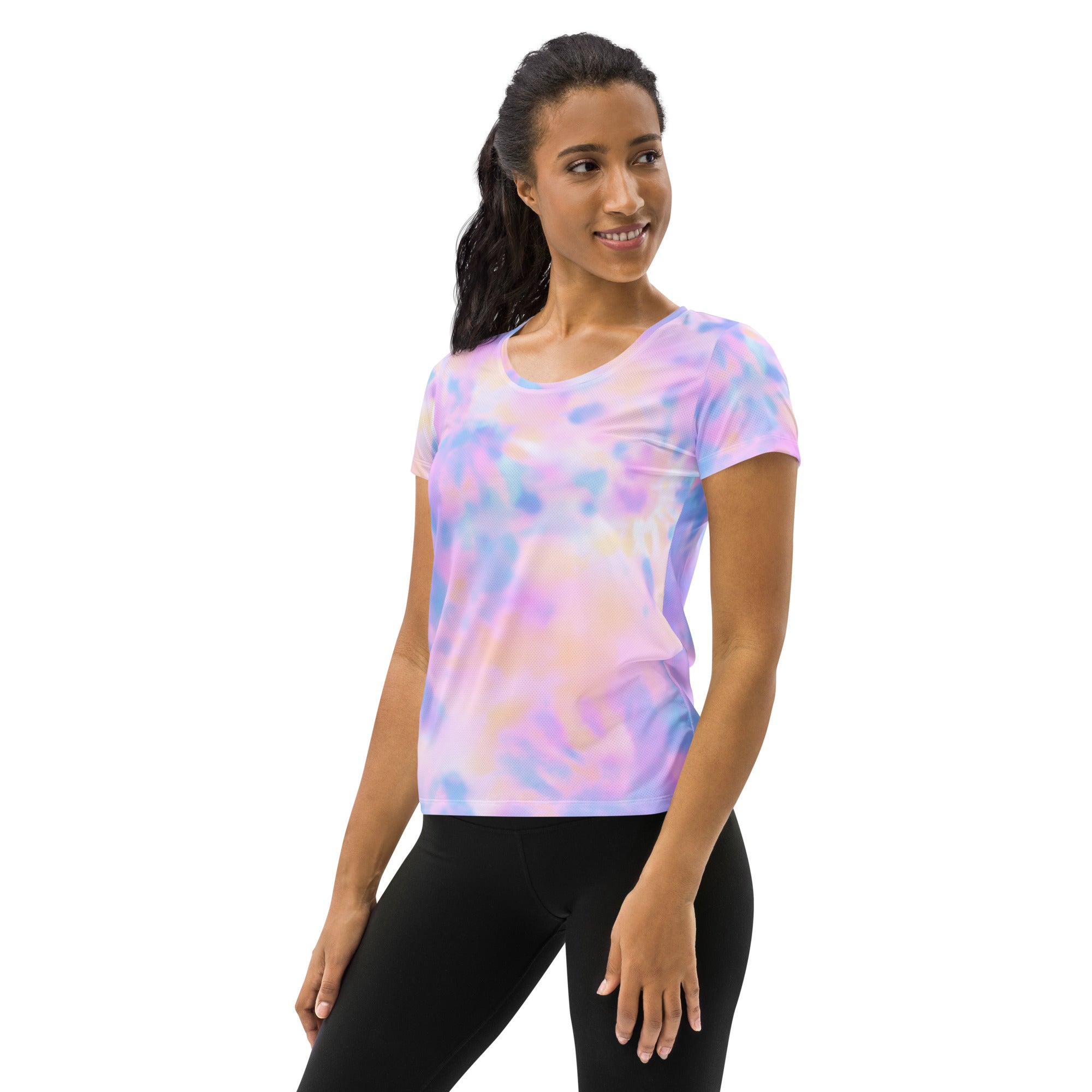 Women’s Pastel Watercolor Tie Dye Performance Athletic T-Shirt - Lightweight Moisture Wicking Workout Top with UPF 50+