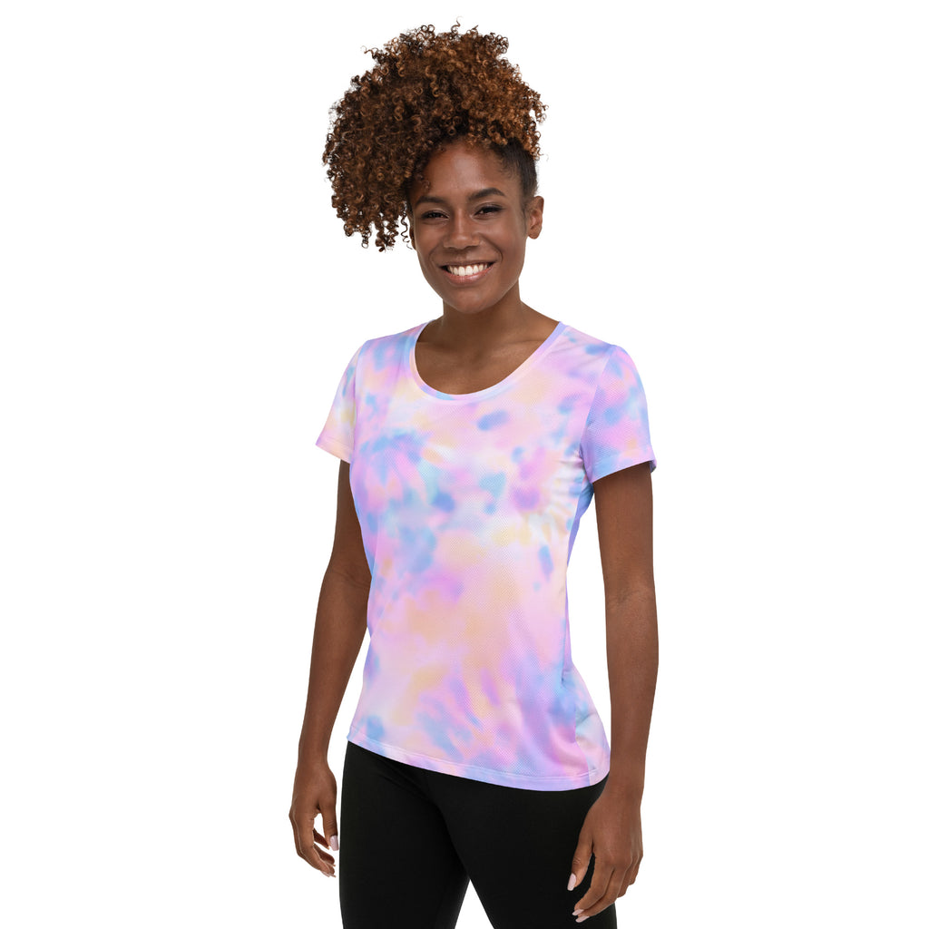 Women’s Pastel Watercolor Tie Dye Performance Athletic T-Shirt - Lightweight Moisture Wicking Workout Top with UPF 50+