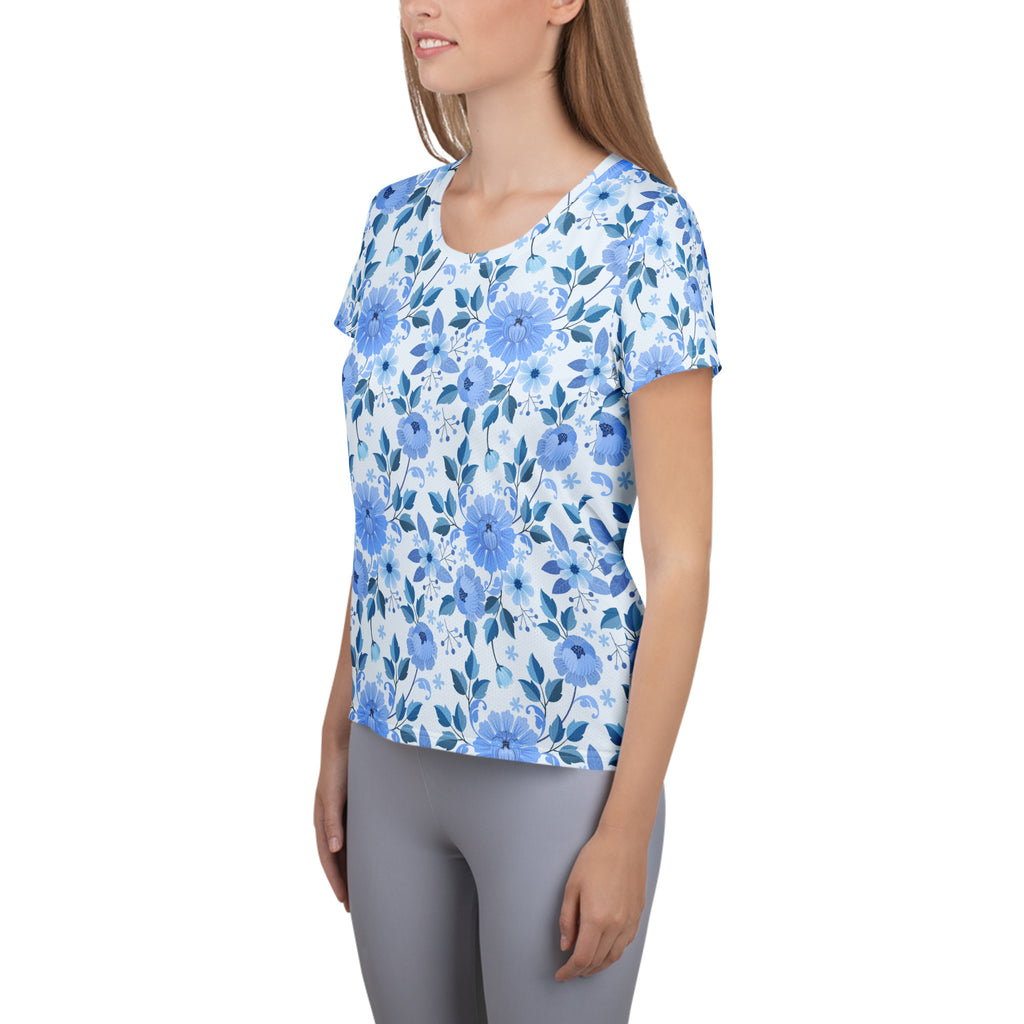 Women’s Blue Floral Performance Athletic T-Shirt - Lightweight Moisture Wicking Workout Top with UPF 50+