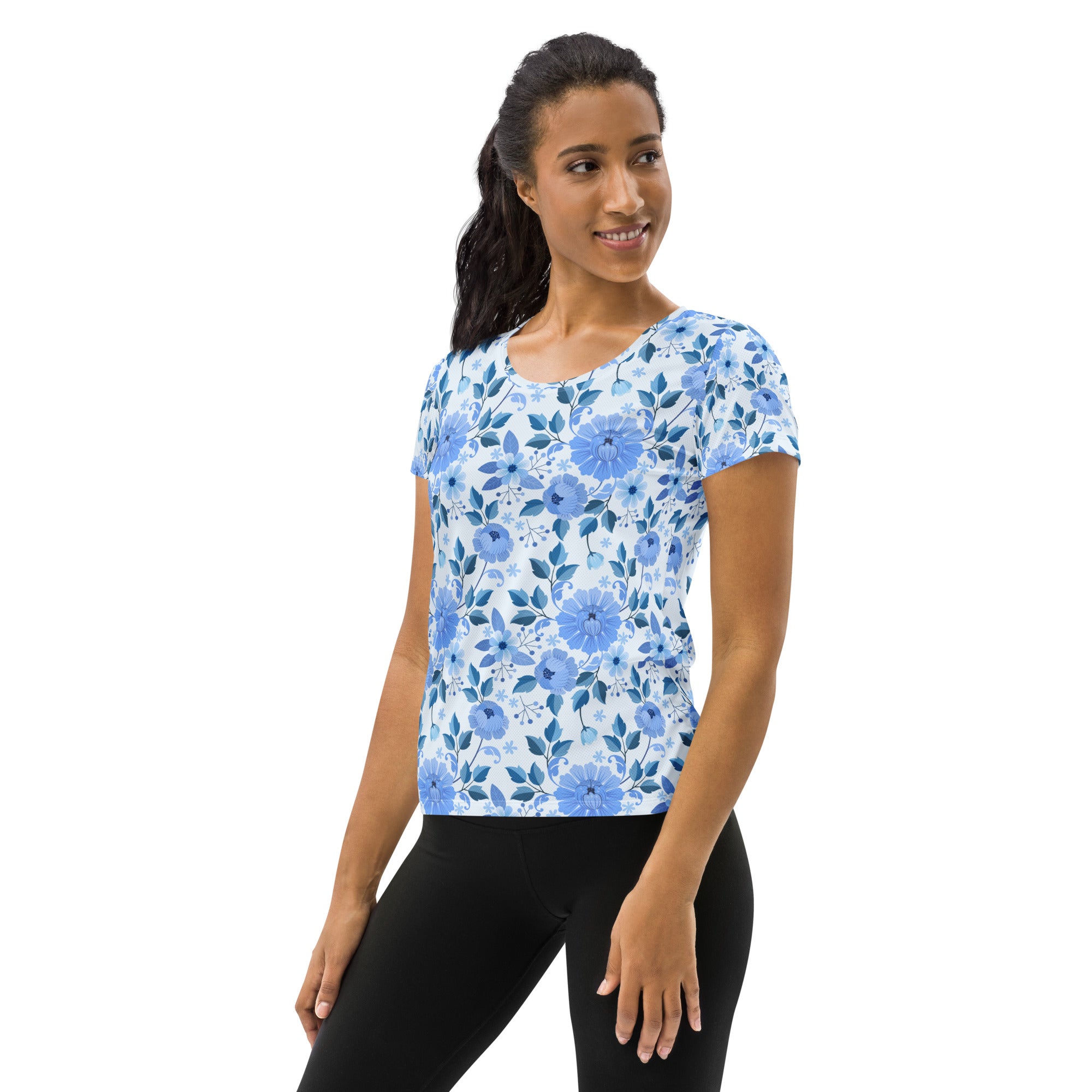 Women’s Blue Floral Performance Athletic T-Shirt - Lightweight Moisture Wicking Workout Top with UPF 50+