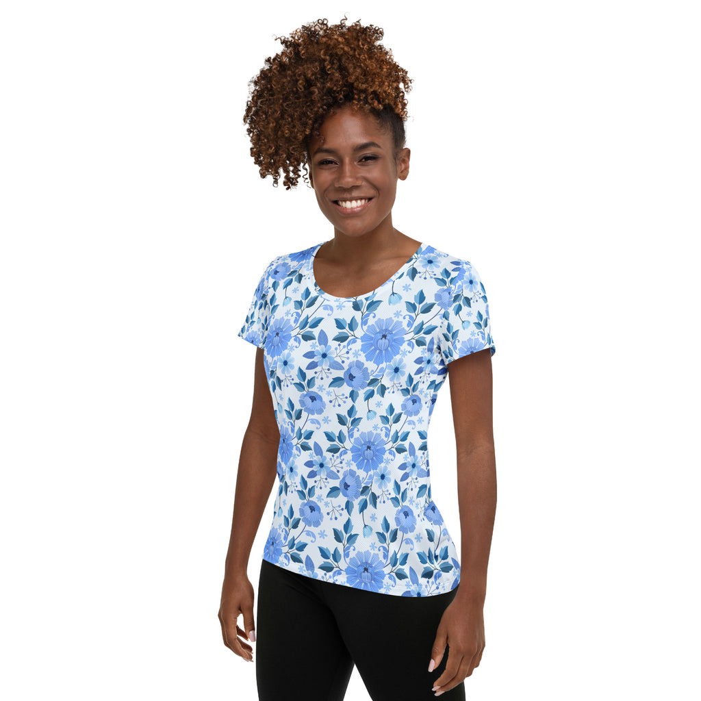 Women’s Blue Floral Performance Athletic T-Shirt - Lightweight Moisture Wicking Workout Top with UPF 50+