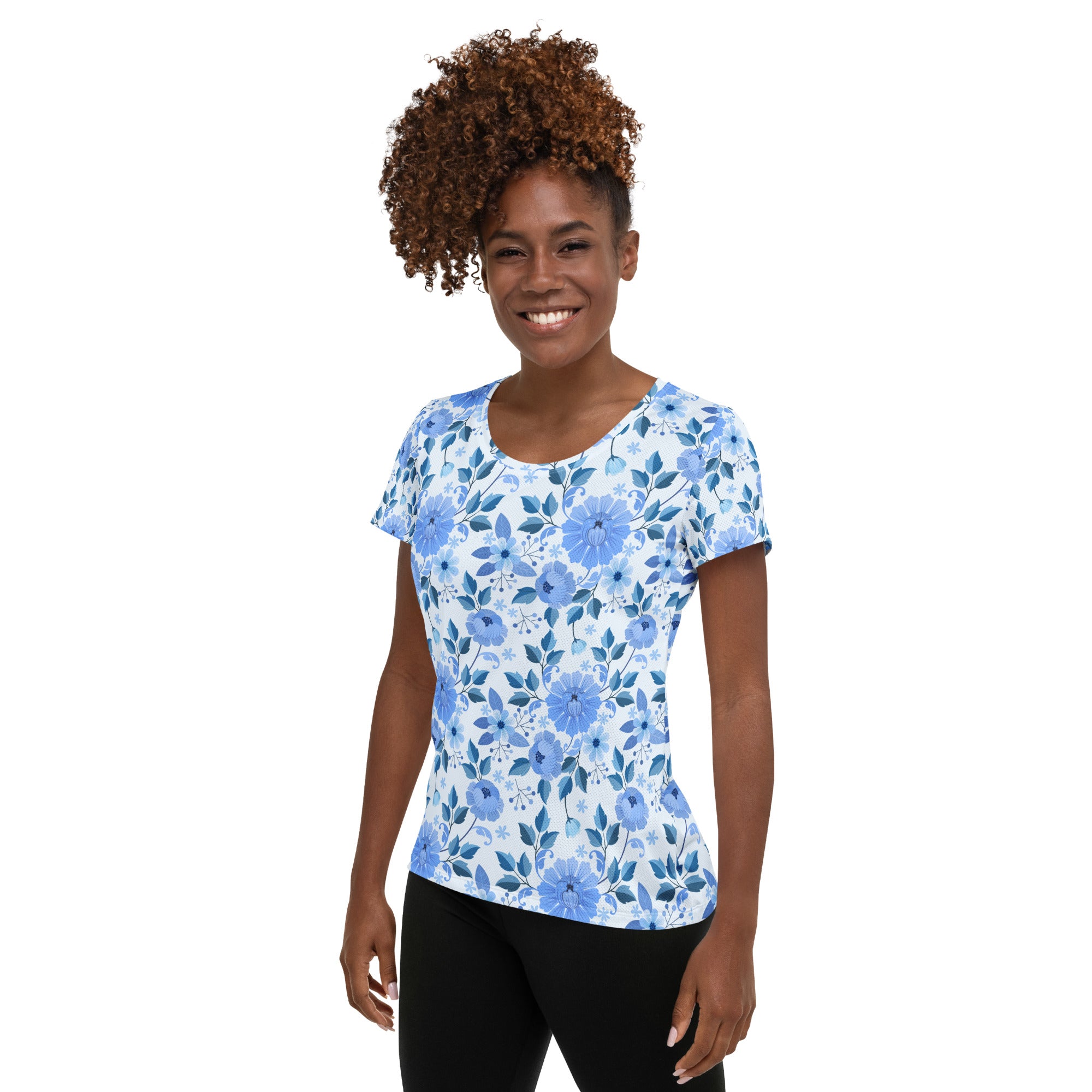 Women’s Blue Floral Performance Athletic T-Shirt - Lightweight Moisture Wicking Workout Top with UPF 50+