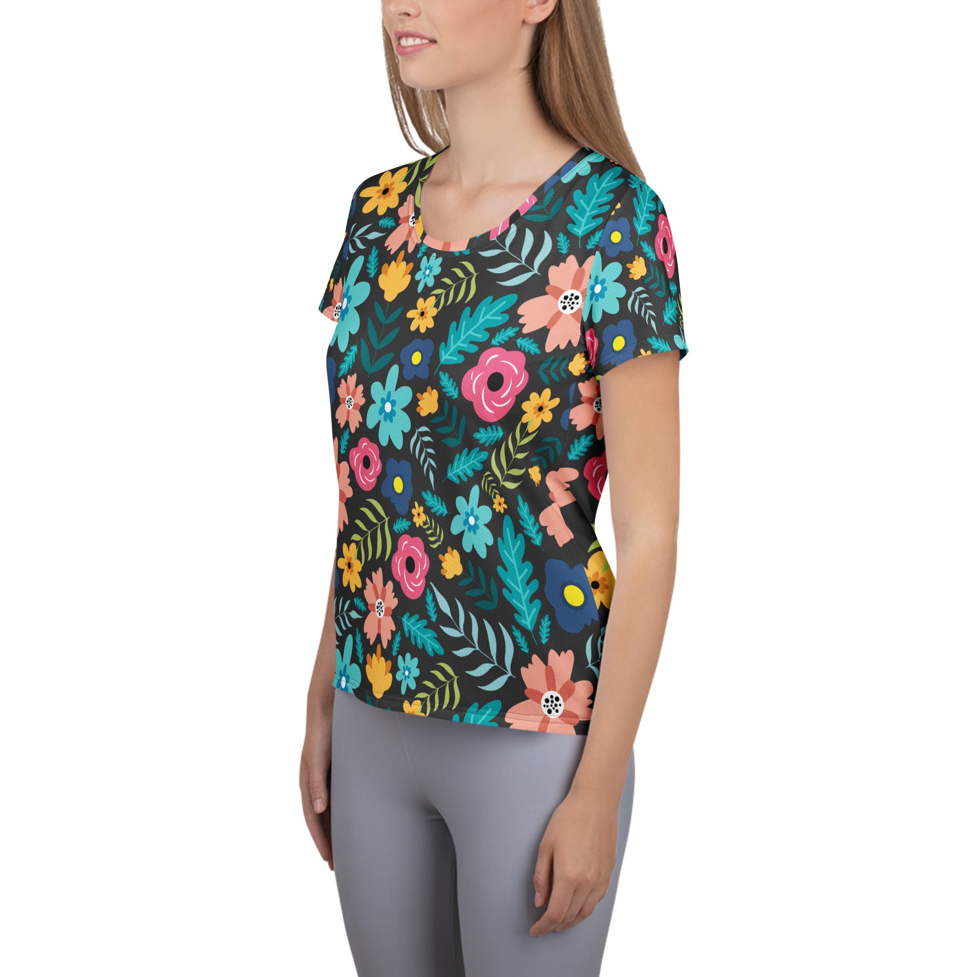 Women’s Dark Botanical Floral Performance Athletic T-Shirt - Lightweight Moisture Wicking Workout Top with UPF 50+