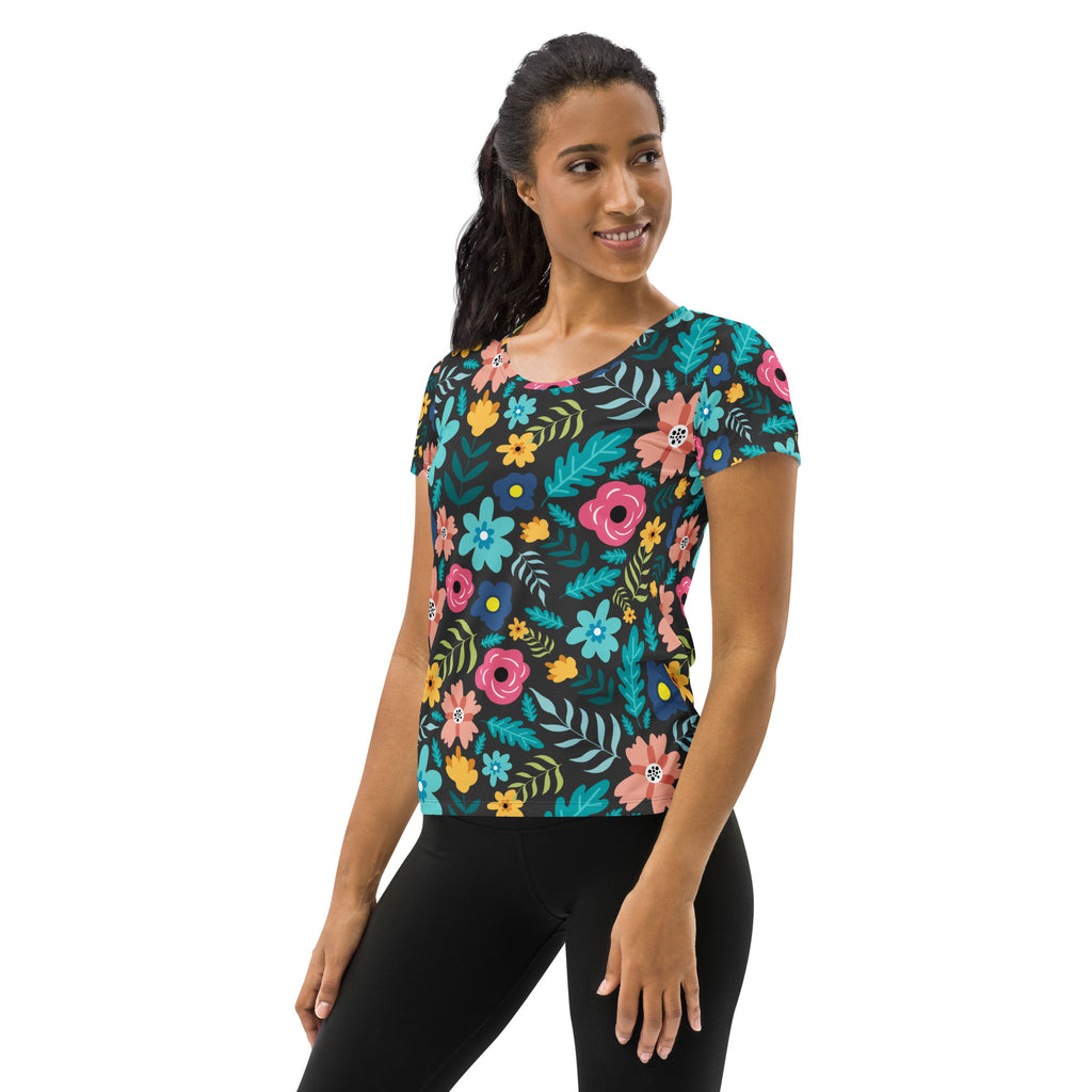 Women’s Dark Botanical Floral Performance Athletic T-Shirt - Lightweight Moisture Wicking Workout Top with UPF 50+