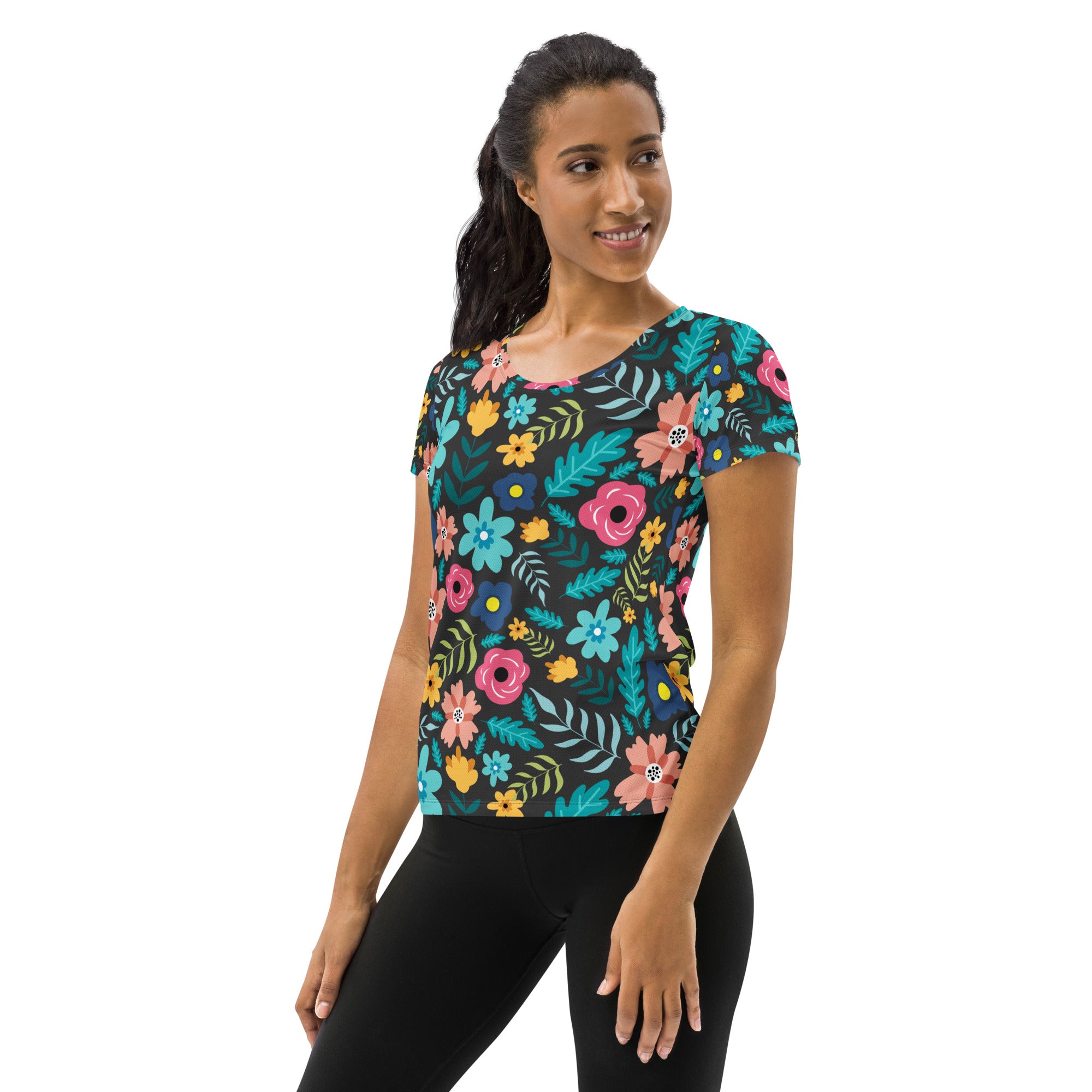 Women’s Dark Botanical Floral Performance Athletic T-Shirt - Lightweight Moisture Wicking Workout Top with UPF 50+