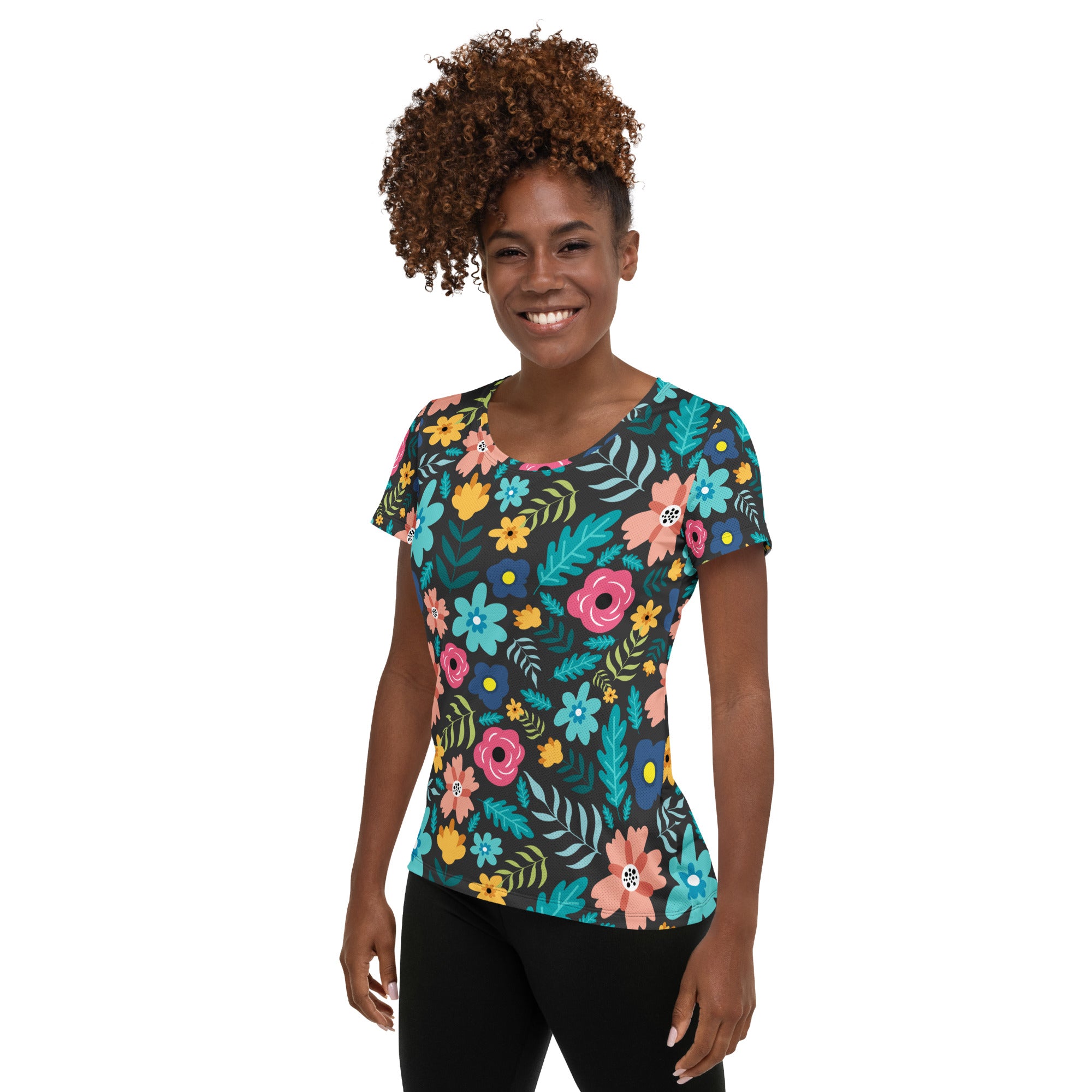 Women’s Dark Botanical Floral Performance Athletic T-Shirt - Lightweight Moisture Wicking Workout Top with UPF 50+