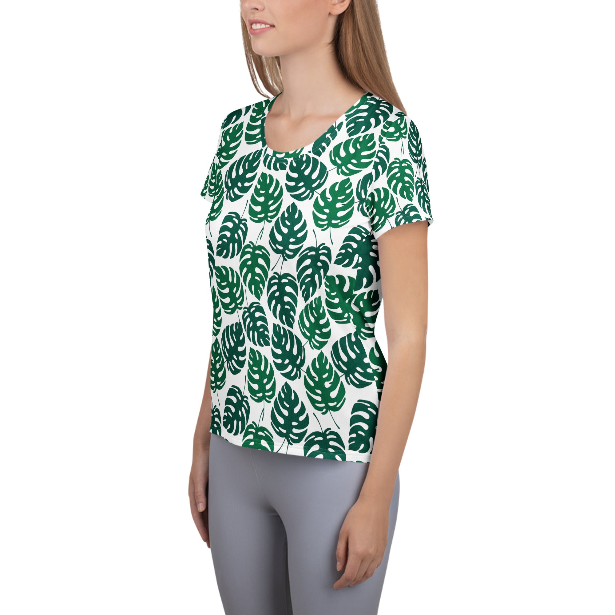 Women’s Monstera Leaf Performance Athletic T-Shirt - Lightweight Moisture Wicking Workout Top with UPF 50+