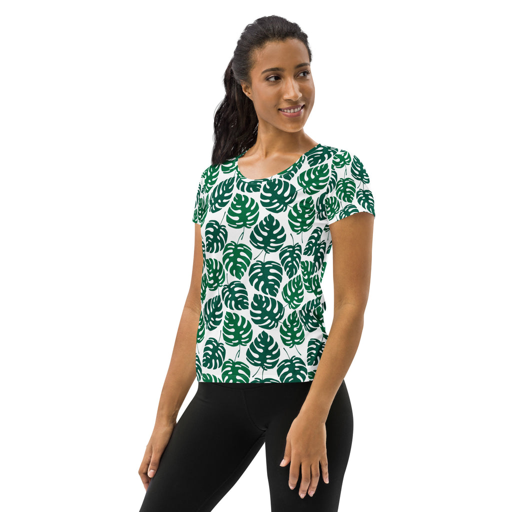 Women’s Monstera Leaf Performance Athletic T-Shirt - Lightweight Moisture Wicking Workout Top with UPF 50+