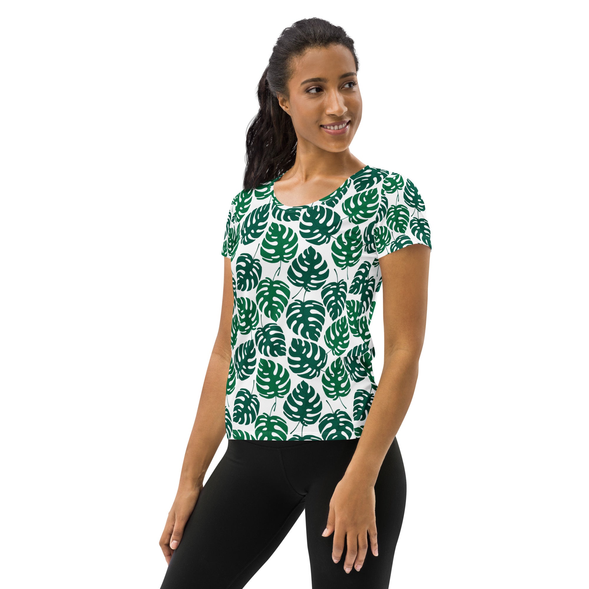 Women’s Monstera Leaf Performance Athletic T-Shirt - Lightweight Moisture Wicking Workout Top with UPF 50+
