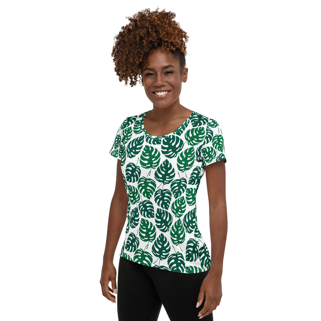 Women’s Monstera Leaf Performance Athletic T-Shirt - Lightweight Moisture Wicking Workout Top with UPF 50+