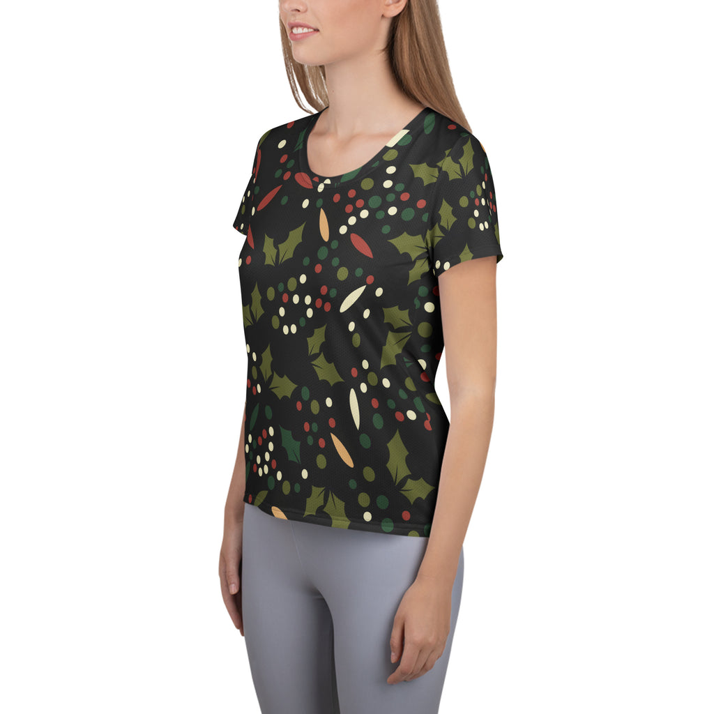 Women’s Christmas Holly Performance Athletic T-Shirt - Lightweight Moisture Wicking Workout Top with UPF 50+