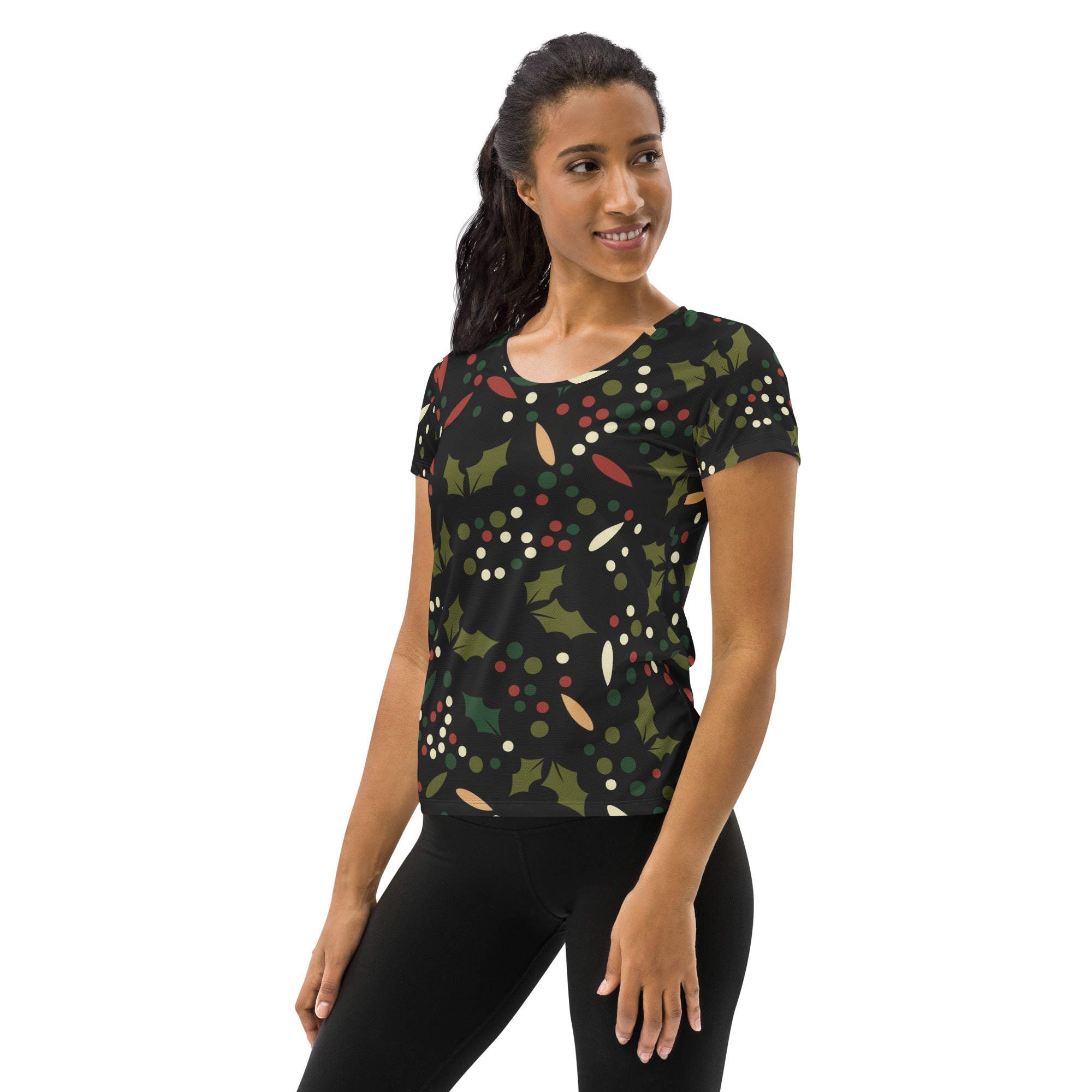 Women’s Christmas Holly Performance Athletic T-Shirt - Lightweight Moisture Wicking Workout Top with UPF 50+