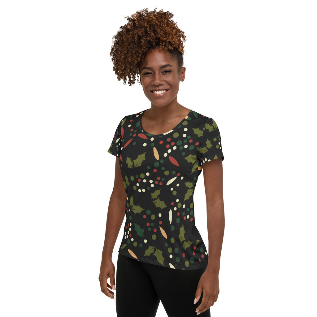 Women’s Christmas Holly Performance Athletic T-Shirt - Lightweight Moisture Wicking Workout Top with UPF 50+