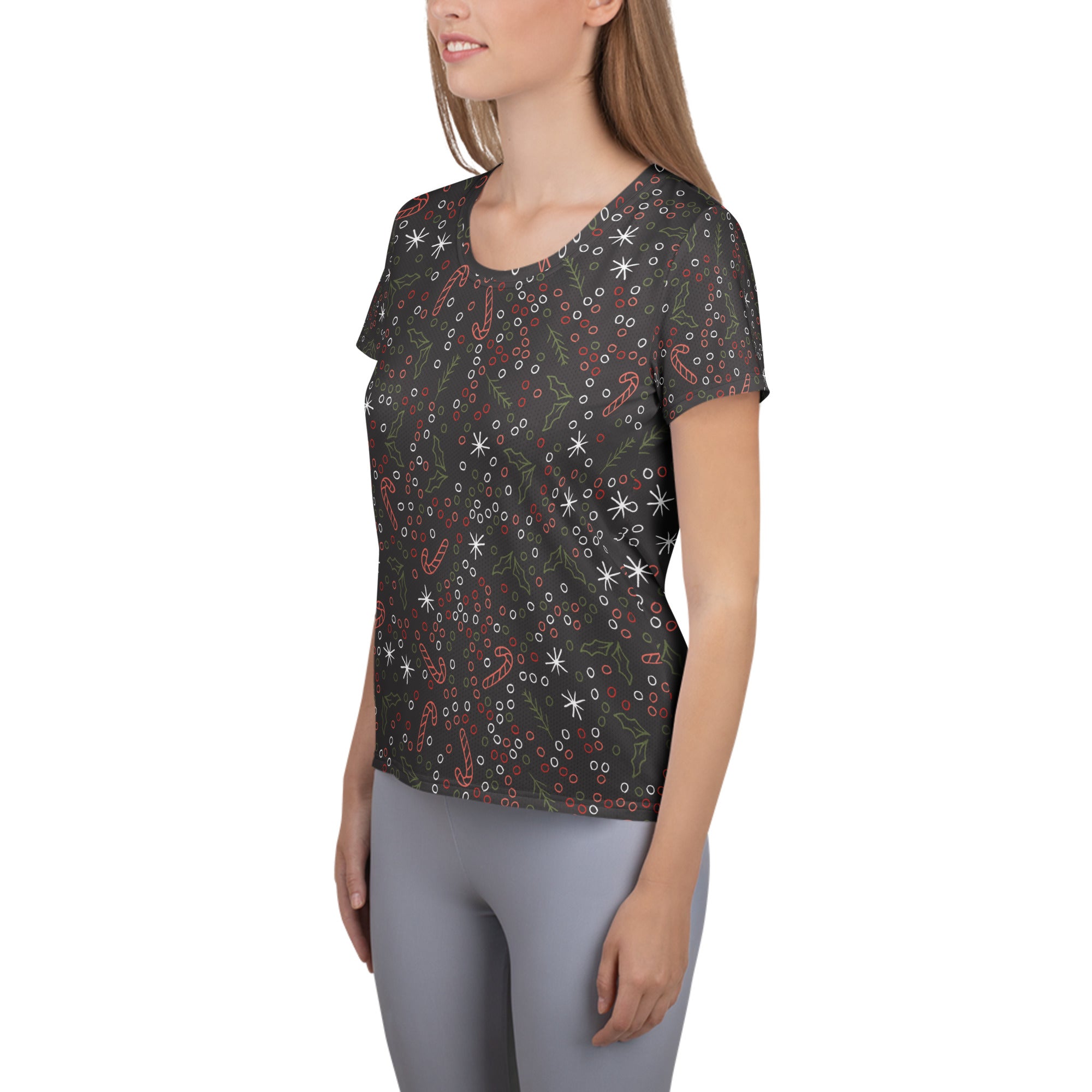 Women’s Christmas Candy Cane Performance Athletic T-Shirt - Lightweight Moisture Wicking Workout Top with UPF 50+