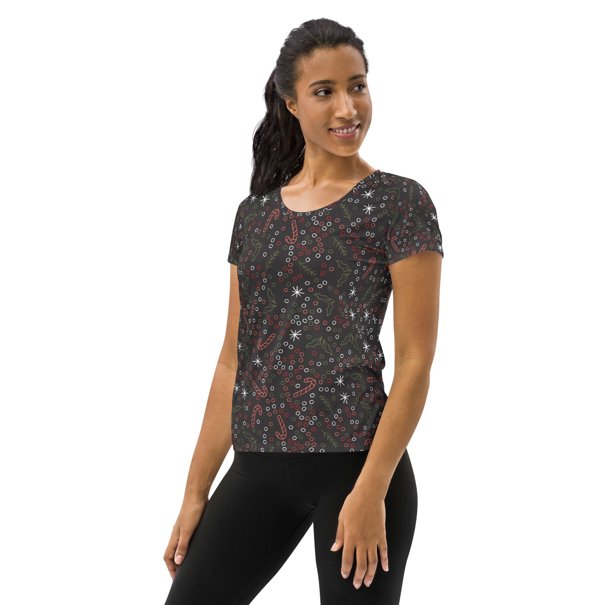 Women’s Christmas Candy Cane Performance Athletic T-Shirt - Lightweight Moisture Wicking Workout Top with UPF 50+