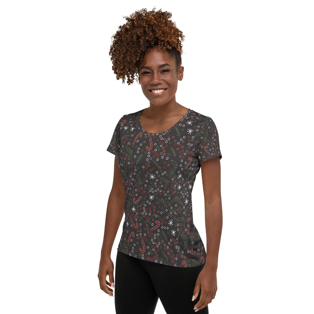 Women’s Christmas Candy Cane Performance Athletic T-Shirt - Lightweight Moisture Wicking Workout Top with UPF 50+