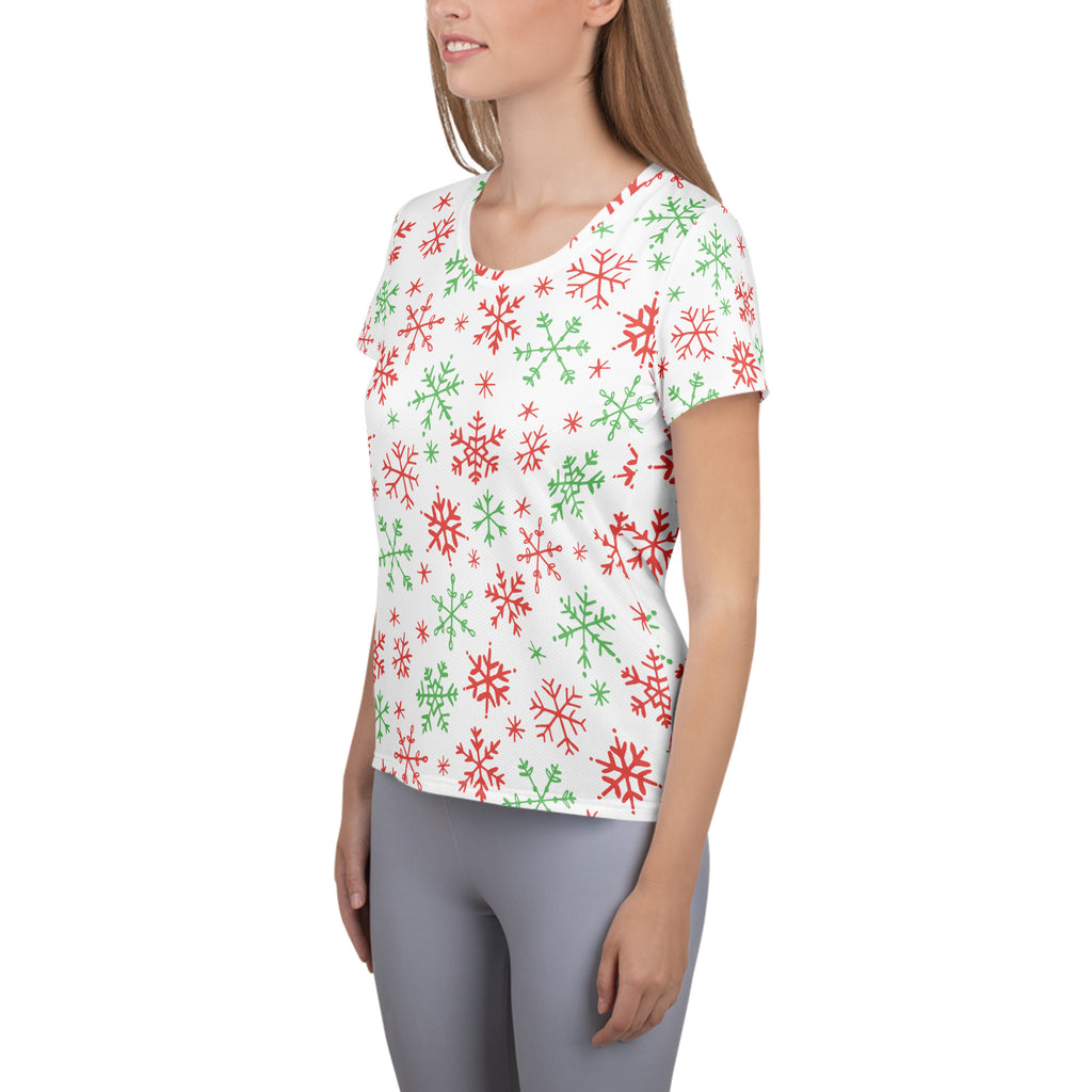Women’s Red & Green Candy Cane Snowflake Performance Athletic T-Shirt - Lightweight Moisture Wicking Workout Top with UPF 50+