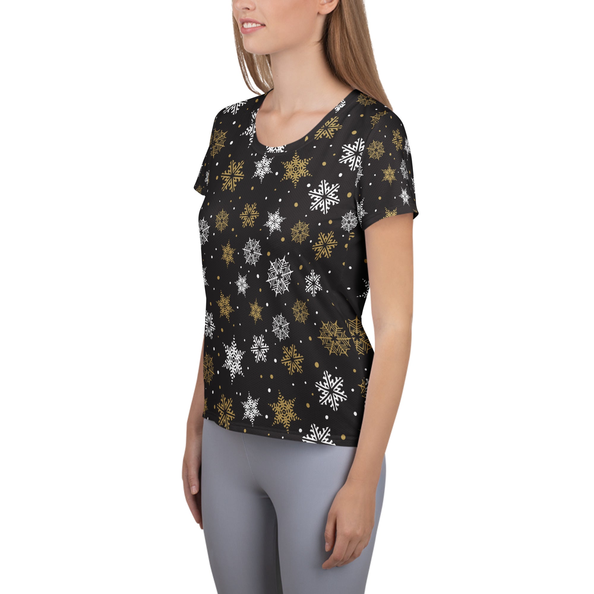 Women’s Gold Snowflake Performance Athletic T-Shirt - Lightweight Moisture Wicking Workout Top with UPF 50+