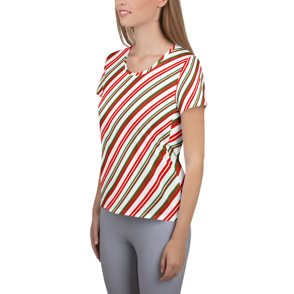 Women’s Christmas Peppermint Stripe Performance Athletic T-Shirt - Lightweight Moisture Wicking Workout Top with UPF 50+