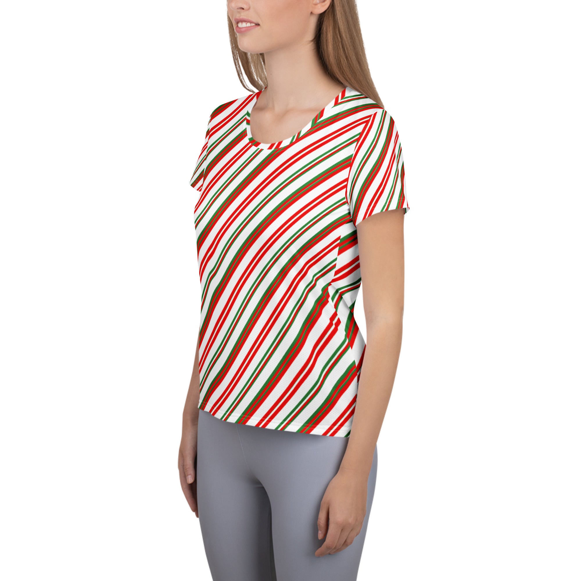 Women’s Christmas Peppermint Stripe Performance Athletic T-Shirt - Lightweight Moisture Wicking Workout Top with UPF 50+