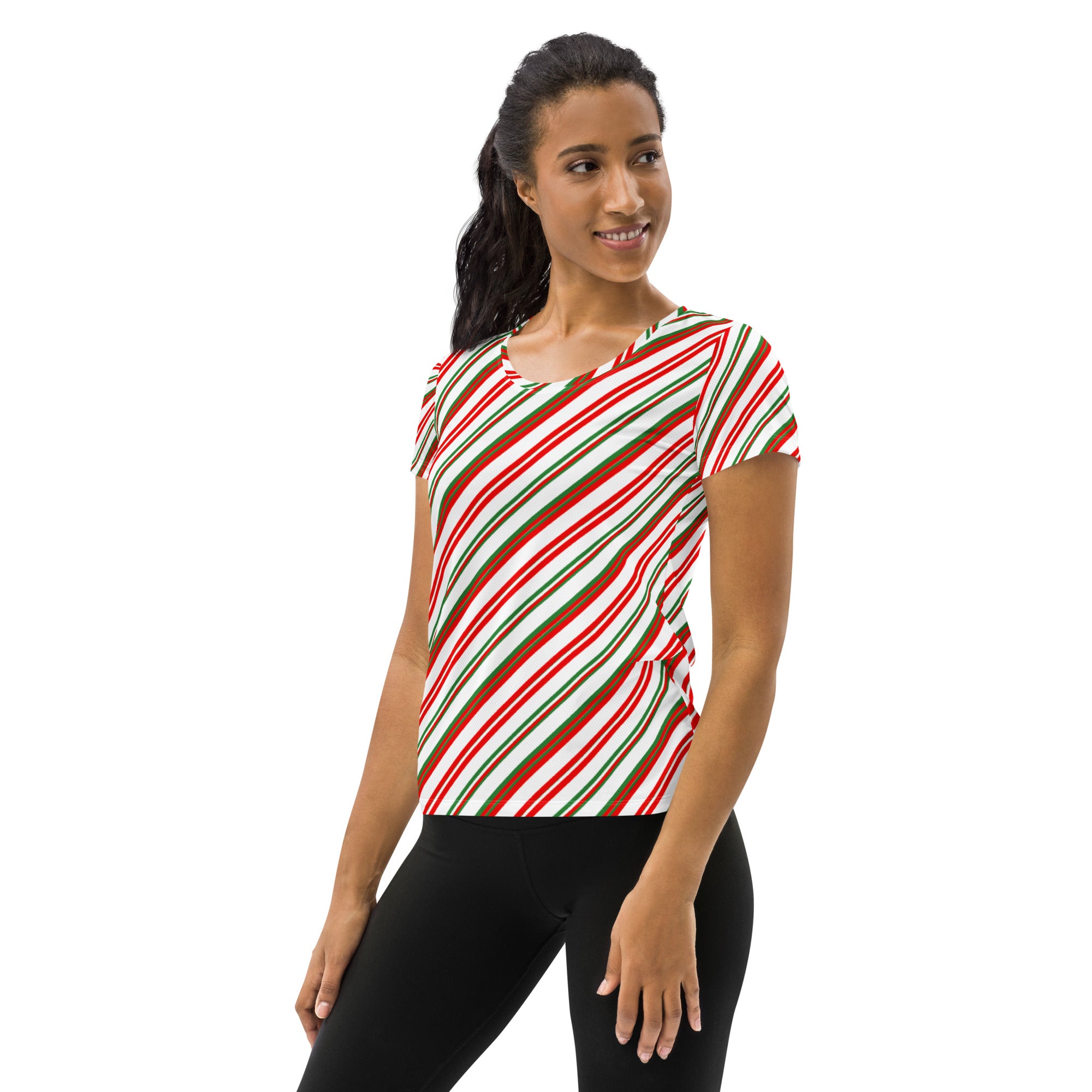Women’s Christmas Peppermint Stripe Performance Athletic T-Shirt - Lightweight Moisture Wicking Workout Top with UPF 50+