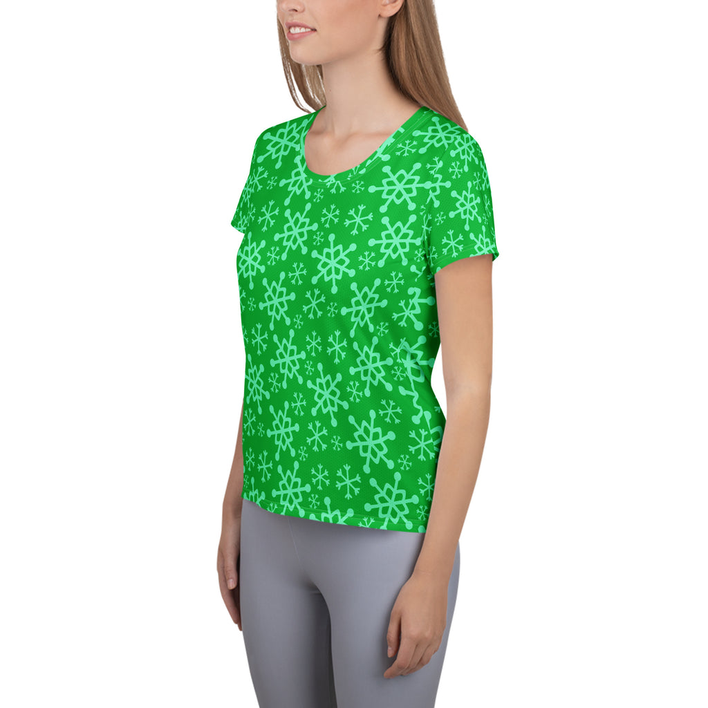 Women’s Green Snowflake Performance Athletic T-Shirt - Lightweight Moisture Wicking Workout Top with UPF 50+