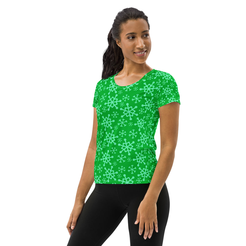 Women’s Green Snowflake Performance Athletic T-Shirt - Lightweight Moisture Wicking Workout Top with UPF 50+
