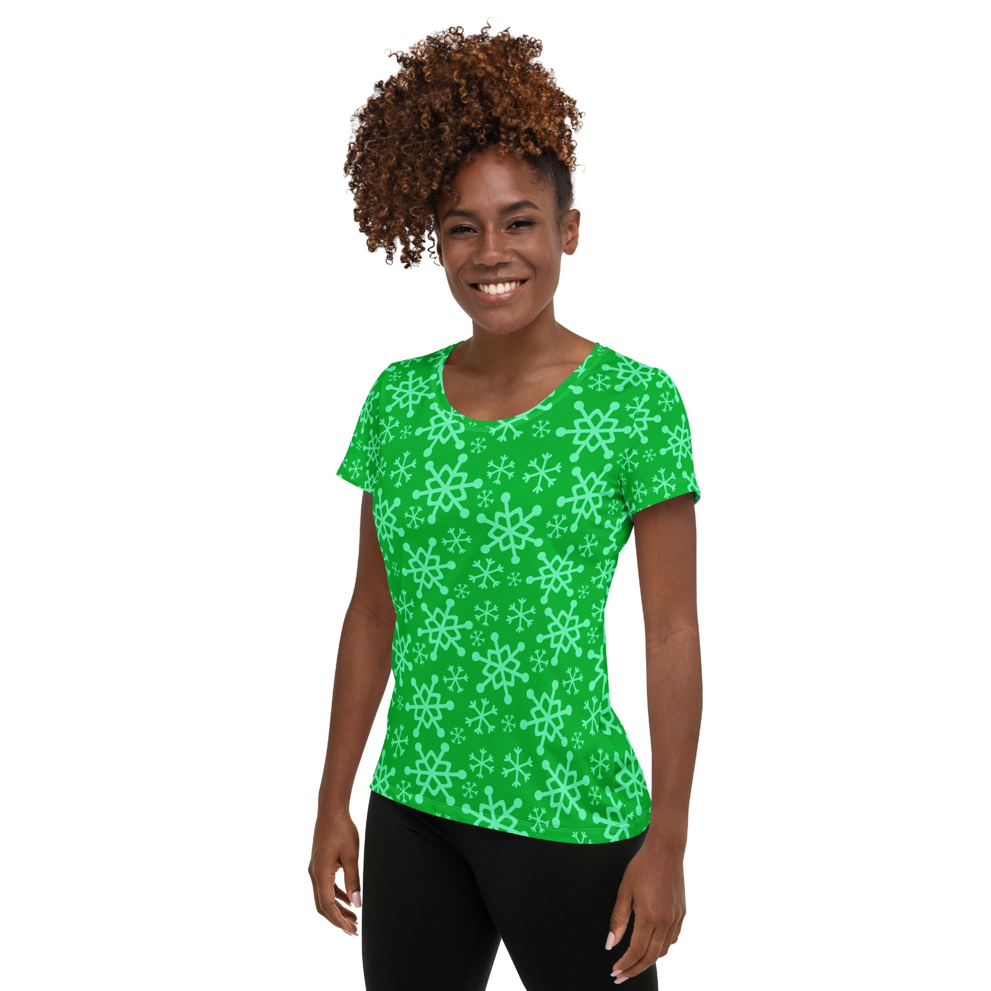 Women’s Green Snowflake Performance Athletic T-Shirt - Lightweight Moisture Wicking Workout Top with UPF 50+