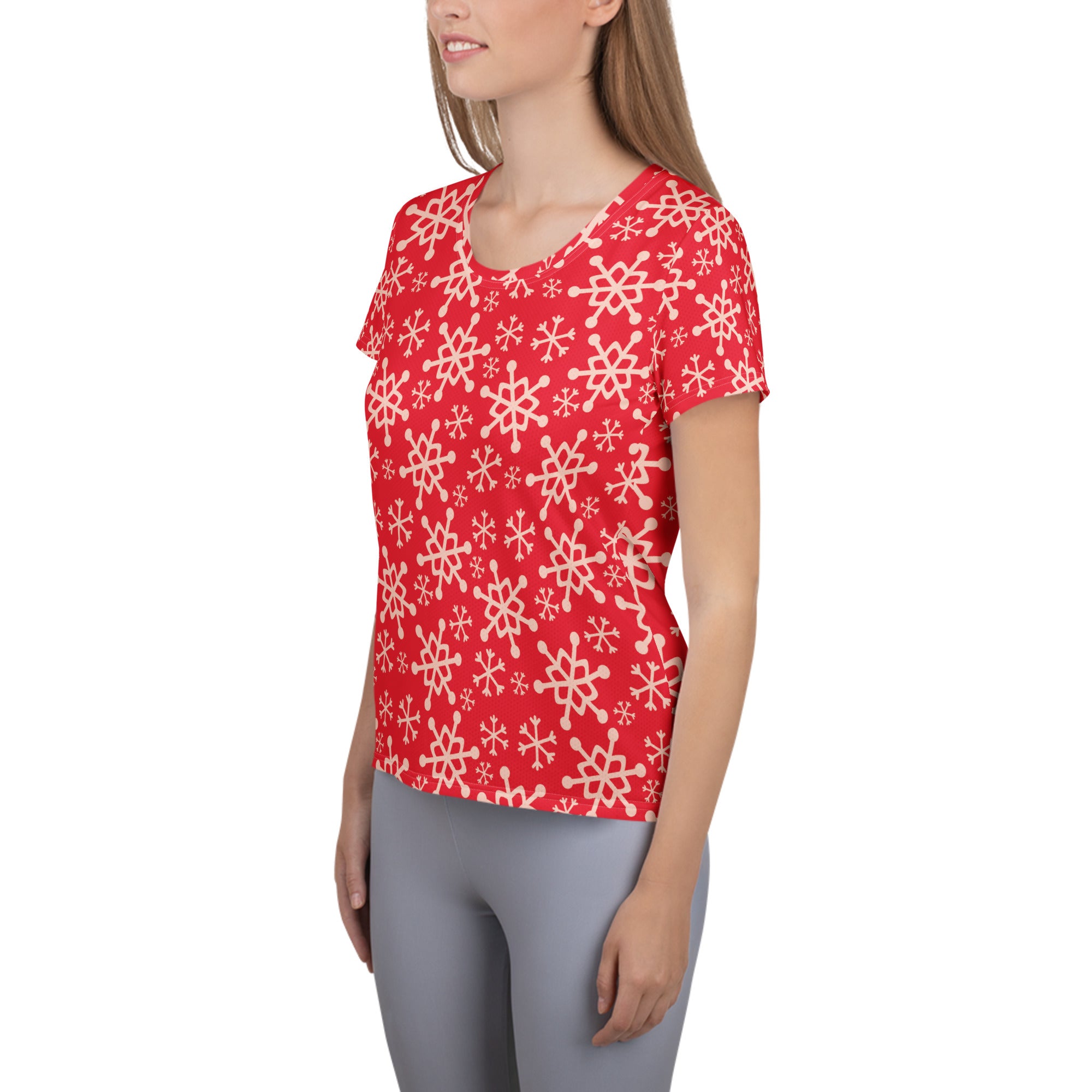Women’s Red Snowflake Performance Athletic T-Shirt - Lightweight Moisture Wicking Workout Top with UPF 50+