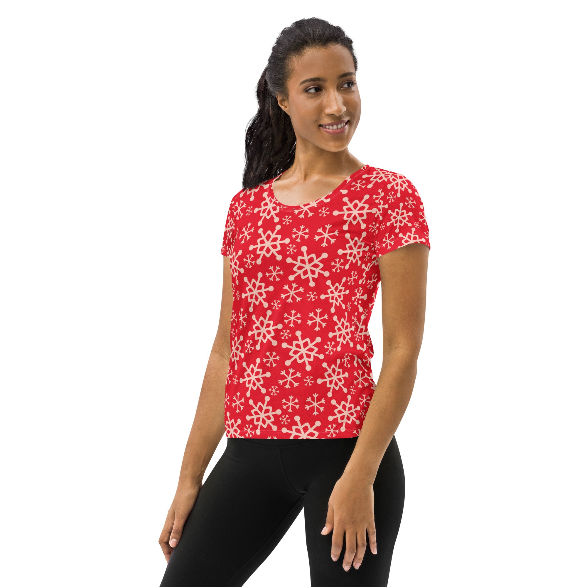 Women’s Red Snowflake Performance Athletic T-Shirt - Lightweight Moisture Wicking Workout Top with UPF 50+