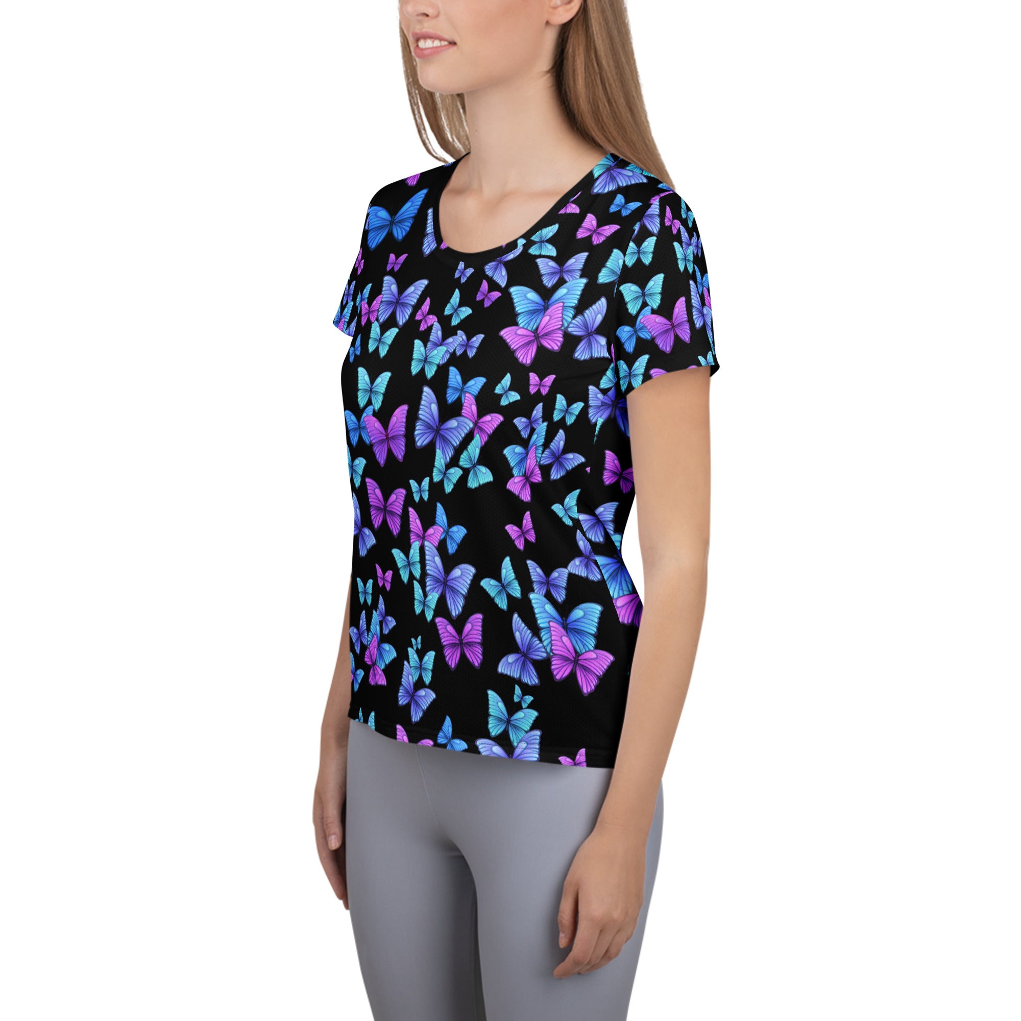 Women’s Vibrant Butterfly Performance Athletic T-Shirt - Lightweight Moisture Wicking Workout Top with UPF 50+