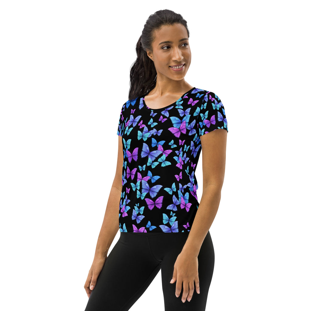 Women’s Vibrant Butterfly Performance Athletic T-Shirt - Lightweight Moisture Wicking Workout Top with UPF 50+