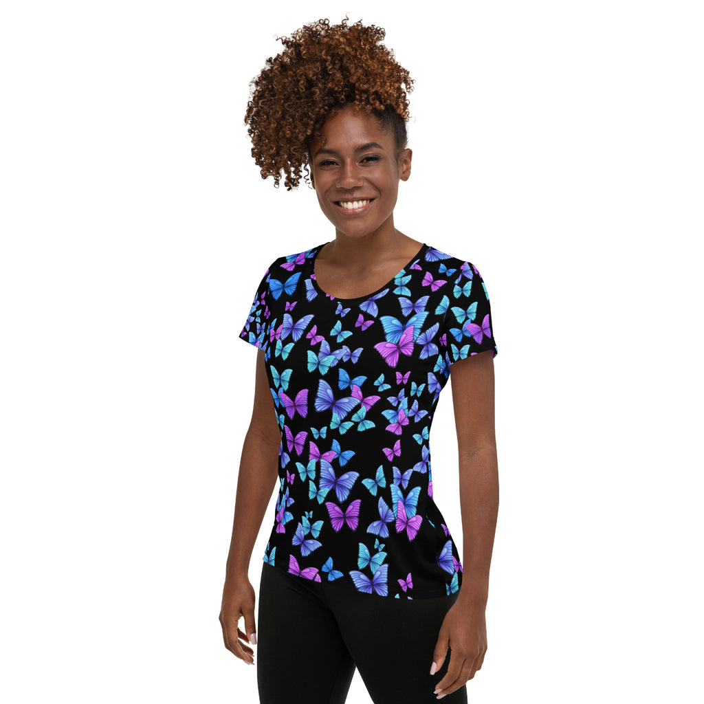 Women’s Vibrant Butterfly Performance Athletic T-Shirt - Lightweight Moisture Wicking Workout Top with UPF 50+