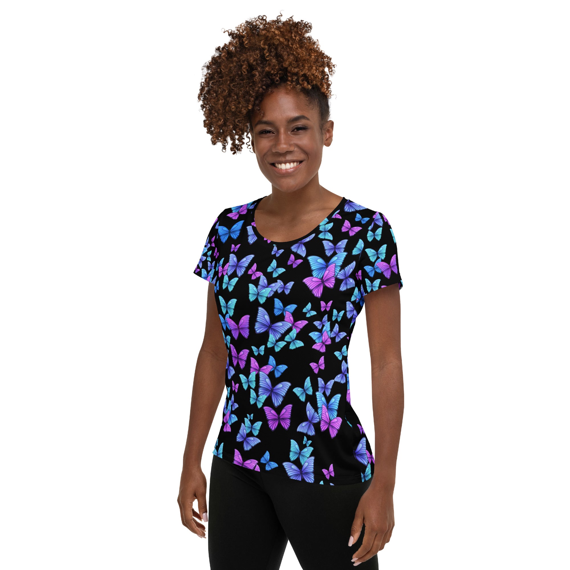 Women’s Vibrant Butterfly Performance Athletic T-Shirt - Lightweight Moisture Wicking Workout Top with UPF 50+