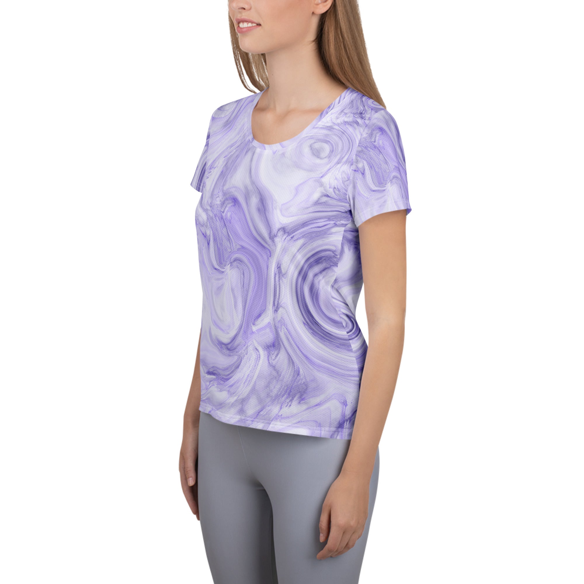 Women’s Lavender Marble Performance Athletic T-Shirt - Lightweight Moisture Wicking Workout Top with UPF 50+