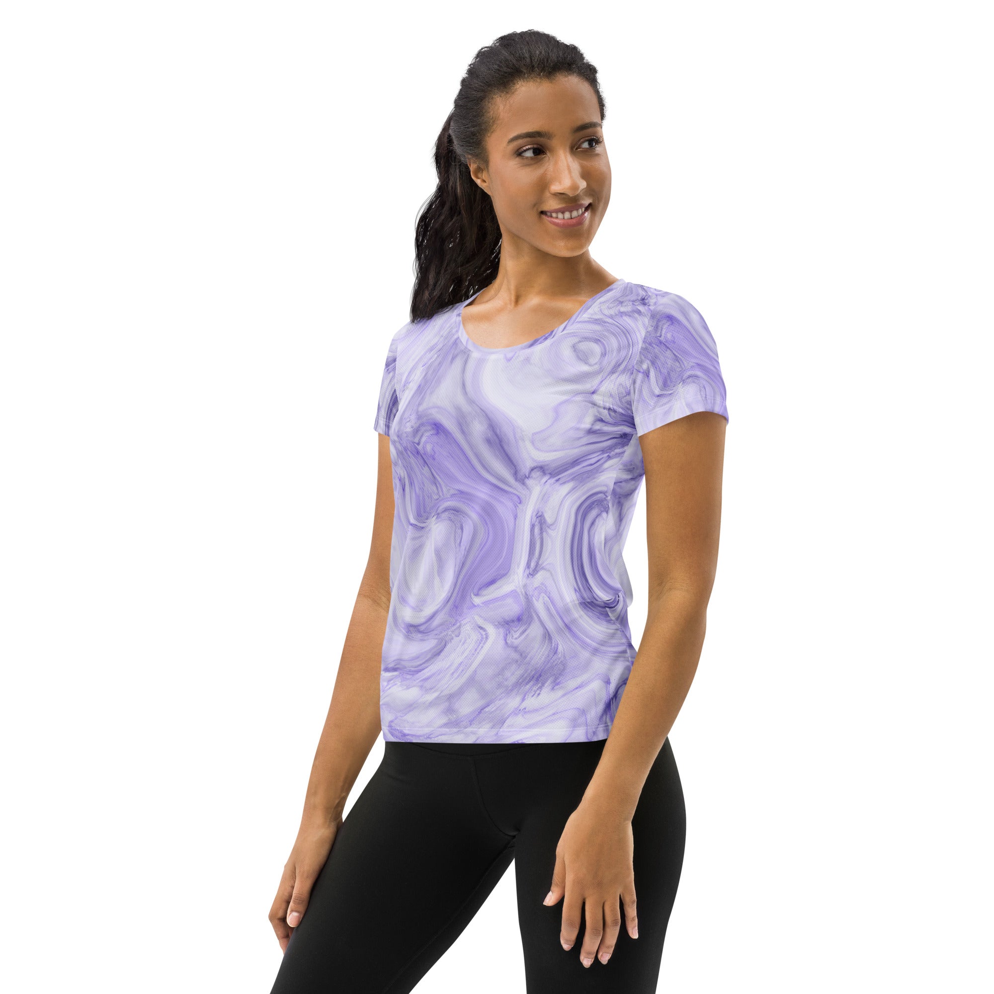 Women’s Lavender Marble Performance Athletic T-Shirt - Lightweight Moisture Wicking Workout Top with UPF 50+