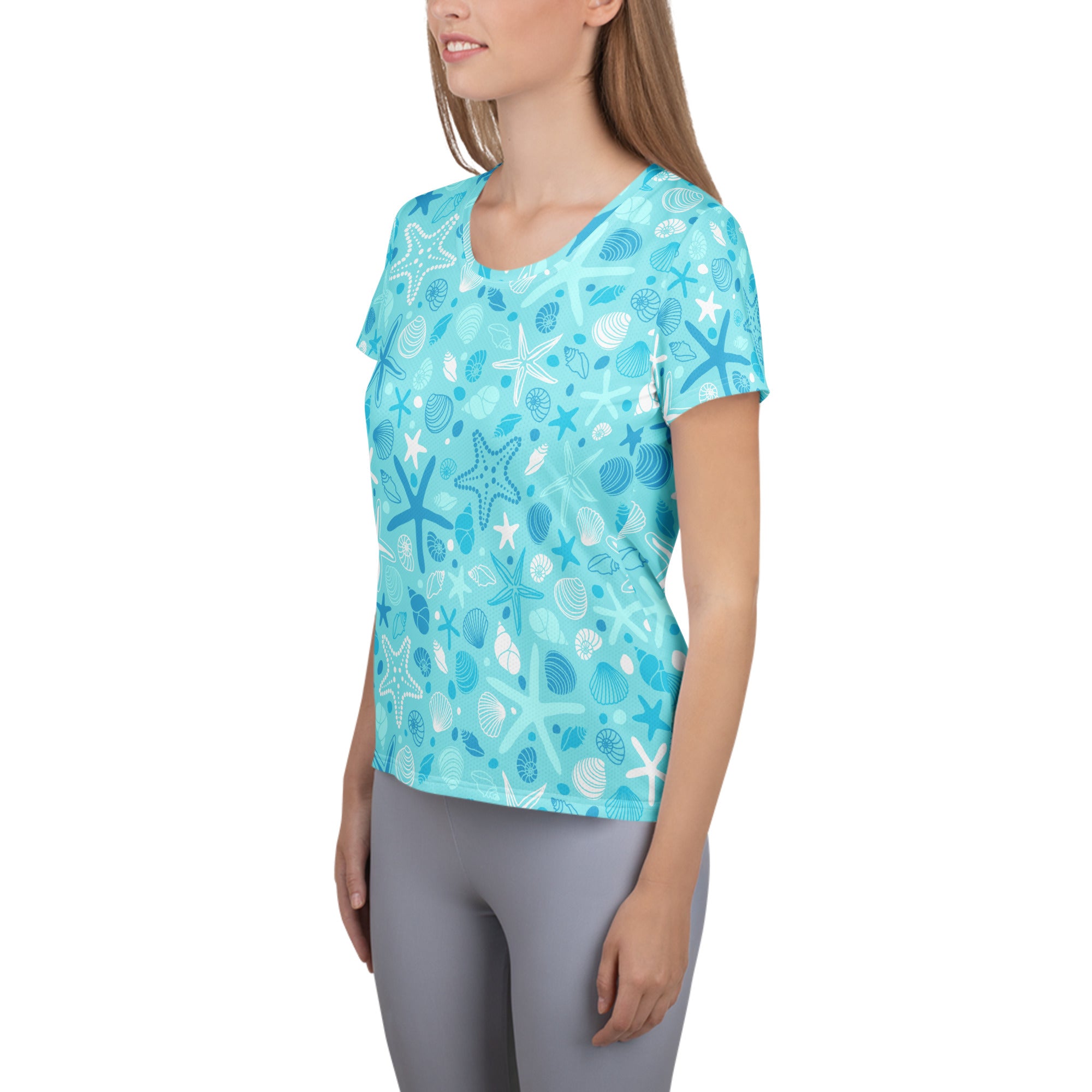 Women’s Starfish & Shells Performance Athletic T-Shirt - Lightweight Moisture Wicking Workout Top with UPF 50+