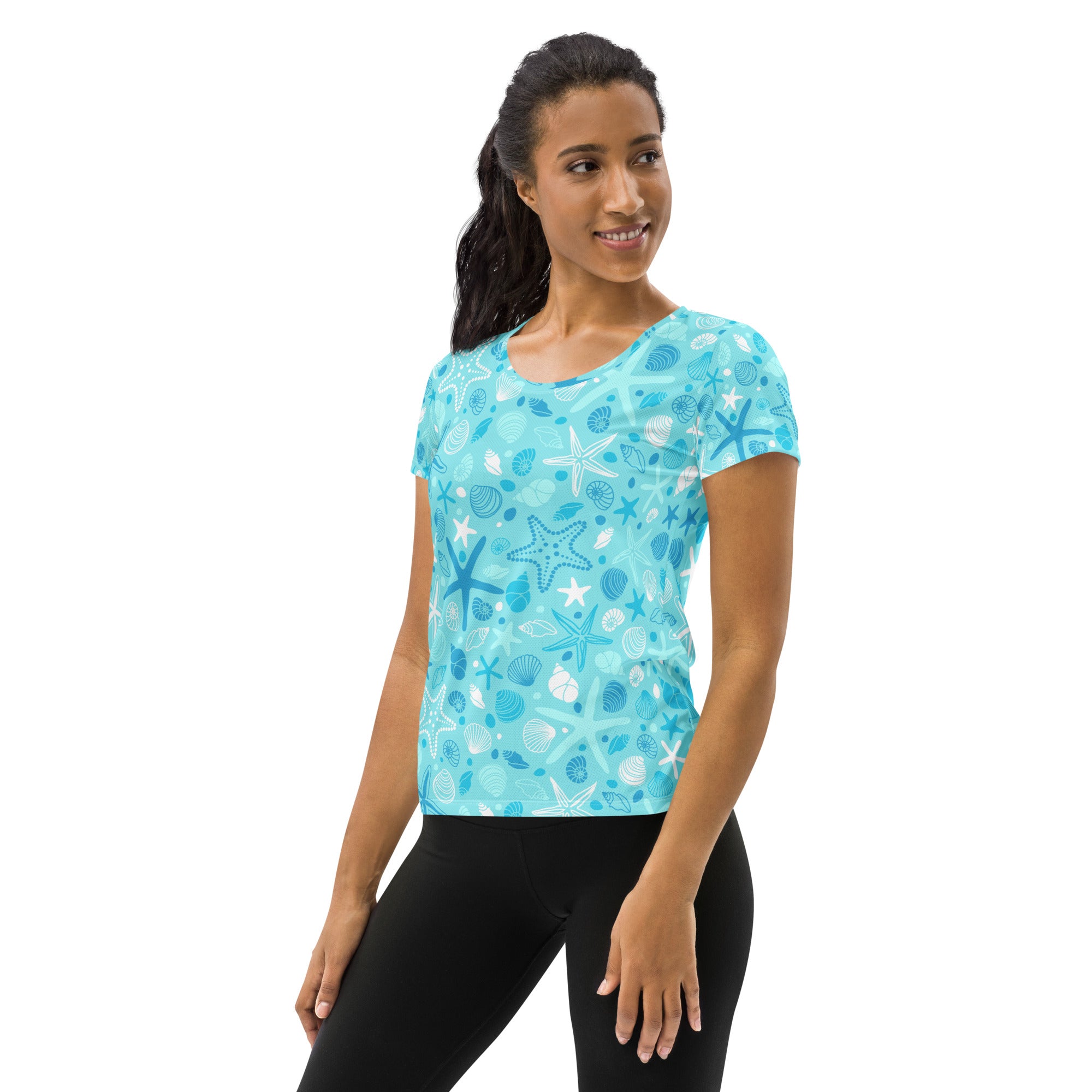 Women’s Starfish & Shells Performance Athletic T-Shirt - Lightweight Moisture Wicking Workout Top with UPF 50+